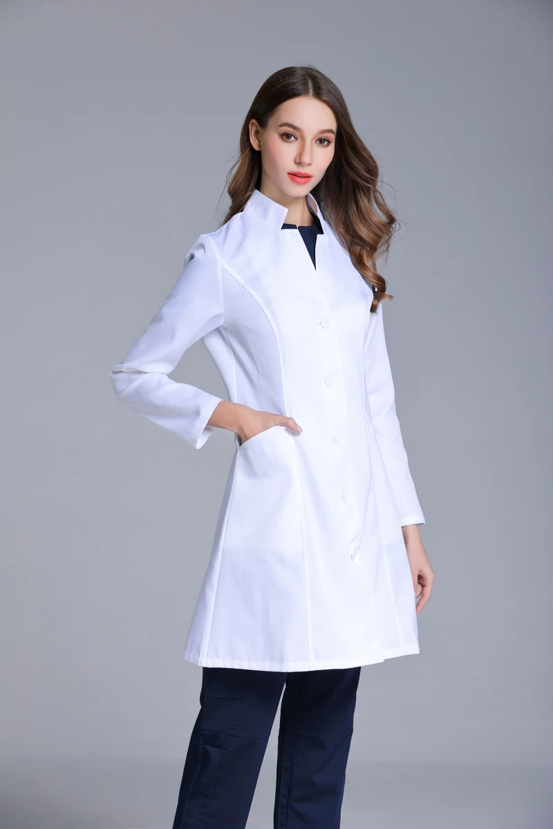 Autumn Women\'s Stand Collar Anti-wrinkle Long Sleeve Lab Uniform Dental Clinic Doctor\'s Outwear Slim Fit White Color