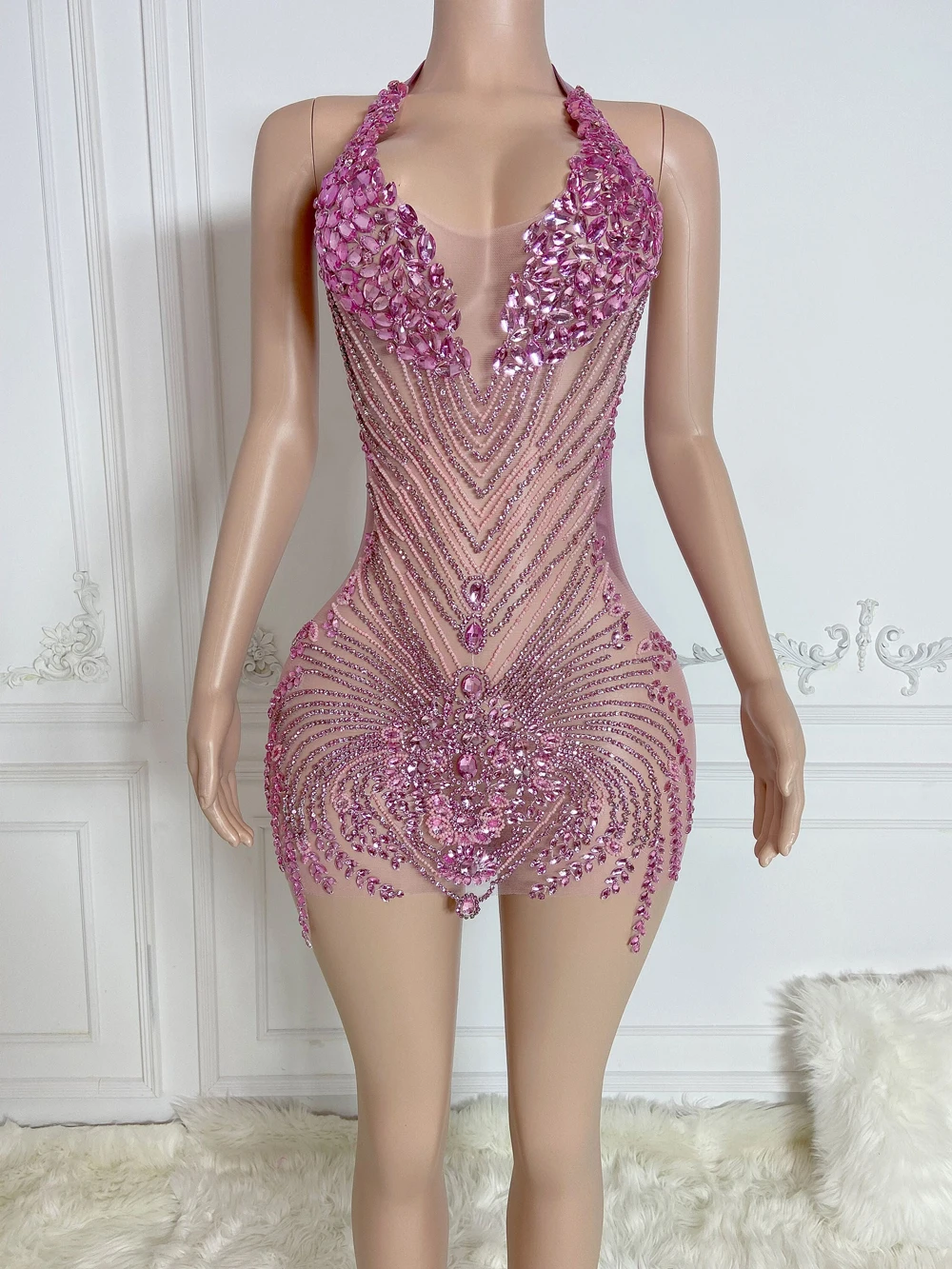 Mini vestido de cristal rosa halter para meninas, vestido sexy curto de baile, baile de aniversário, ver através, grânulos luxuosos, fofos