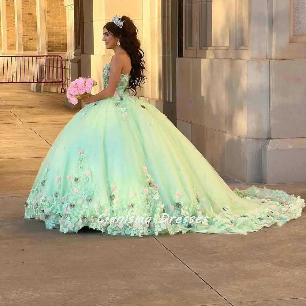 Vestido De quinceañera mexicana sin mangas, apliques De flores en 3D, corsé De encaje, color verde salvia