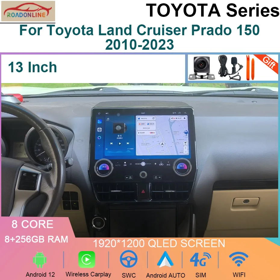 

13 INCH Android12 8+256GB Car Radio For Toyota Land Cruiser Prado 150 2010-2023 Automotive Multimedia Carplay Auto GPS