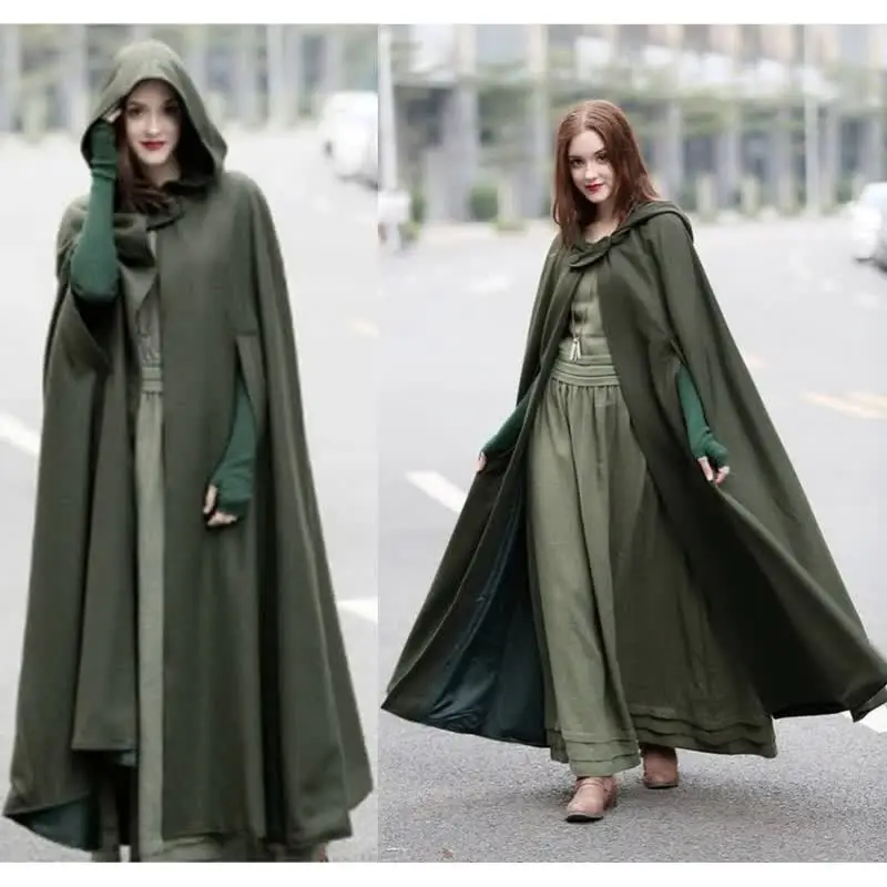 

woman winter 2022 X-Long cape christmas 3/4 sleeve hooded loose faux woolen poncho 2022 solid gray black blue/army green cloak