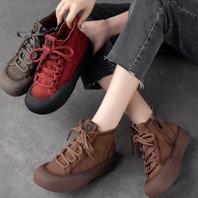 

Vintage Genuine Top Layer Cowhide Single Shoes Fashionable Casual Sneakers Side Zipper Color Leisure Footwear for Women