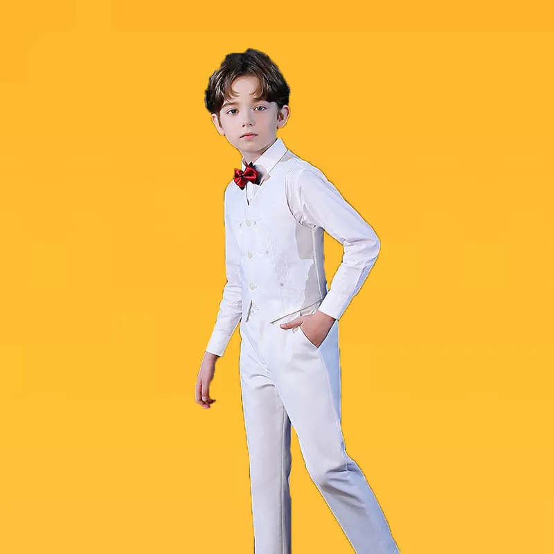 

Boys White 4 Pieces Vest Shirt Pants Bowtie Photograph Suit Children Formal Piano Violin Tuxedo Dress Kids Performance Costume