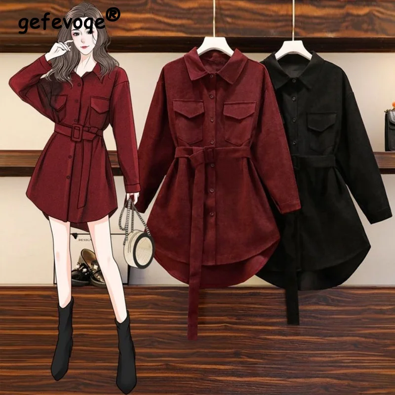 Retro Elegante Mode Chic mit Gürtel Büro Dame Cord Button Up Hemd Herbst Winter Frauen Lose Langarm Tunika Bluse top