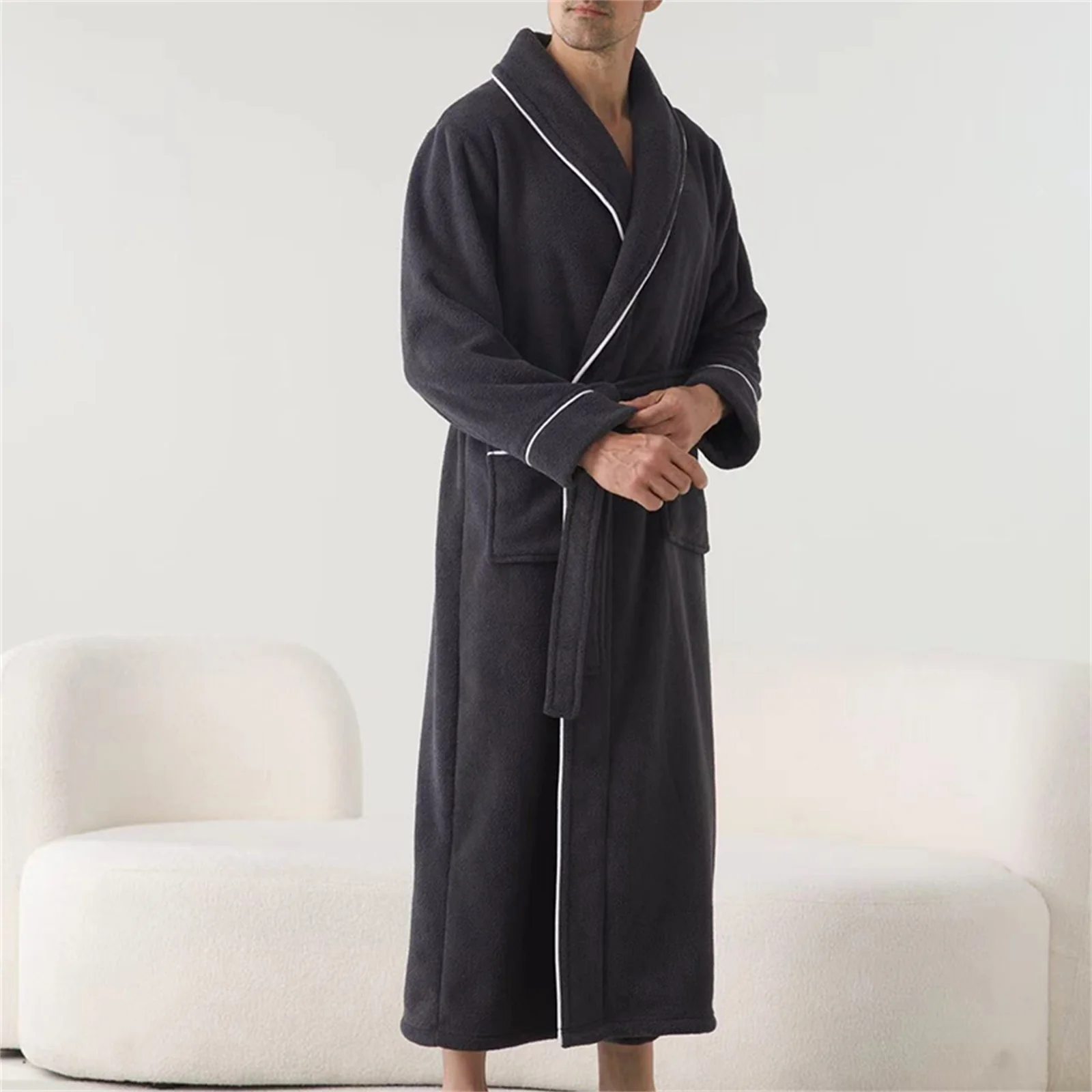 Men's Plush Long Bathrobe Shawl Collar Soft Long Sleeve Spa Robe with Belt Winter Warm Robes for Bath Shower