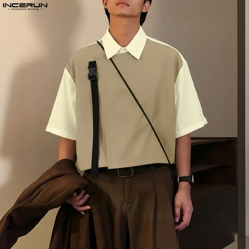 INCERUN الرجال قميص المرقعة التلبيب نصف كم ملابس الرجال غير رسمية فضفاضة الشارع الشهير الكورية نمط بلوزات على الموضة الذكور القمصان S-5XL