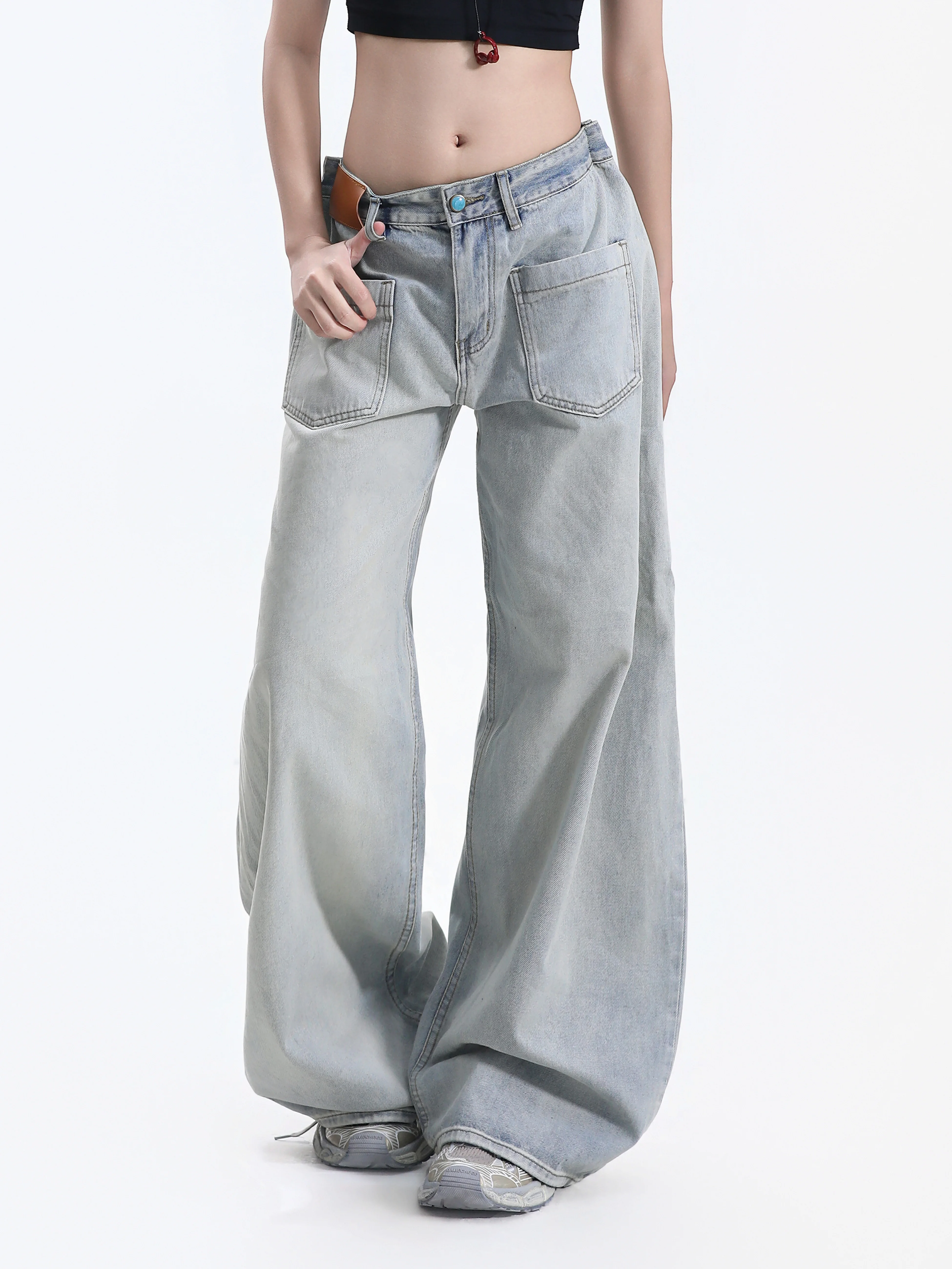 Washed American Style Wide Leg Jeans Women Loose Draped Floor-Length Couples Casual Versatile Long Pants Cotton Zipper