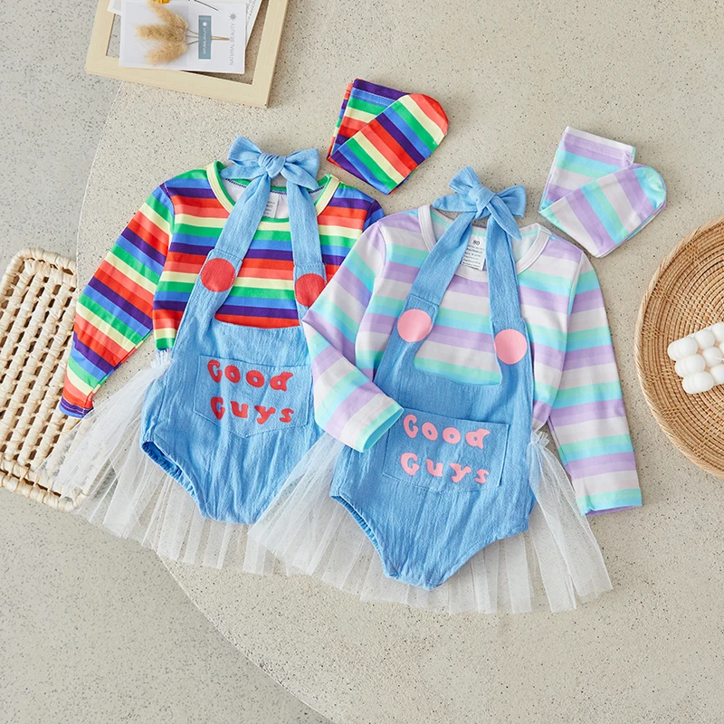 Suefunskry Toddler Girls Halloween Costume, Rainbow Striped Print Long Sleeve Tops + Letter Pattern Mesh Romper Dress+Long Socks