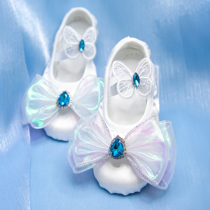 White children's ballet dance shoes soft soles for practice cat paw shoes Jewel butterfly ballet kindergarten performance dance