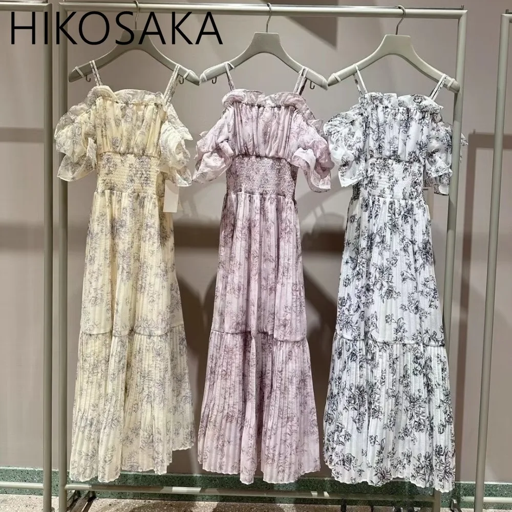 

Off Shoulder Ruffles Puff Sleeve Dress High Waist Slim A-line Vintage Print Pleated Robe Female Spring Summer Chic Japaense Ropa