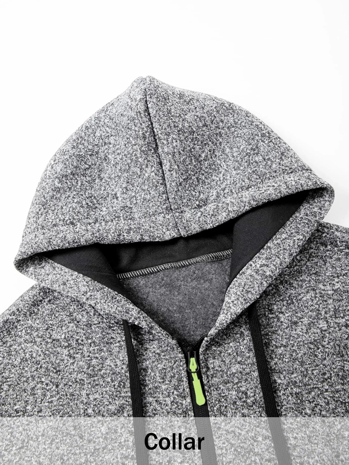 Herren-Sweatshirt mit Kapuze und durchgehendem Reißverschluss, mittellang, aus meliertem Strick, Kapuzenjacke, gefüttert mit Fleece, mit Kordelzug und Reißverschluss-Taschen. – Detail 10