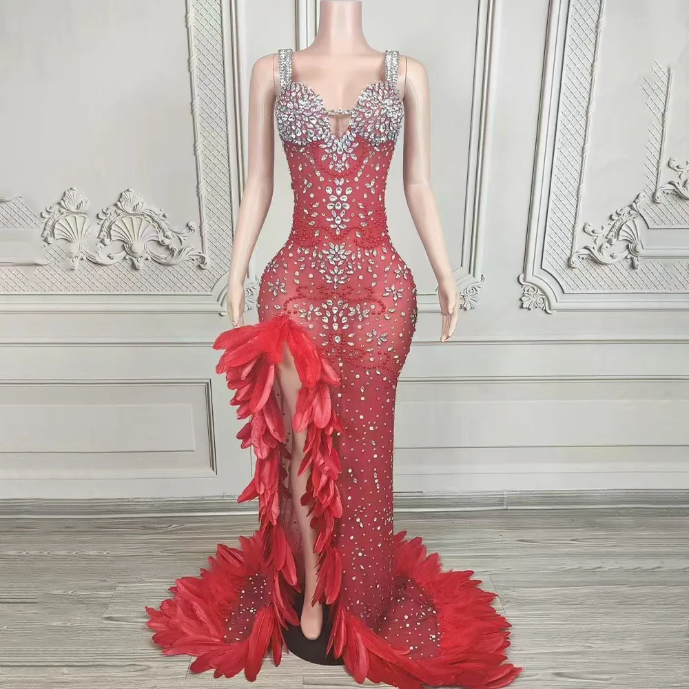 Sexy Exquisite Formal Prom Dress Elegant Red Feathers rhinestone SPlit Luxury Gowns Evening Women's Wedding Birthday Party Dress