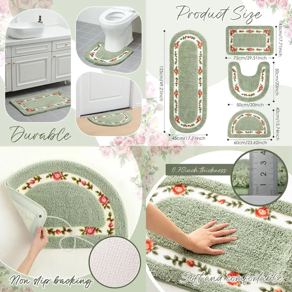 

Rose Flower Bathroom Rug Set - Coquette Style, Non-Slip, Absorbent, Washable Mats for Home & Hotel, 4 Piece Green Floral Design