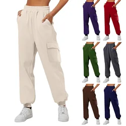 Sport Style Elastic Waist Cargo Sweatpants Casual Solid Women Basic Sweatpants Plus Size Loose Straight Leg Pants Daily Outfit