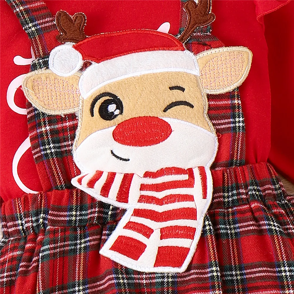 0-18M Christmas Newborn Infant Baby Girls Clothes Sets Red Letter Print Romper Deer Plaid Skirts Headwear Xmas Outfits Costume