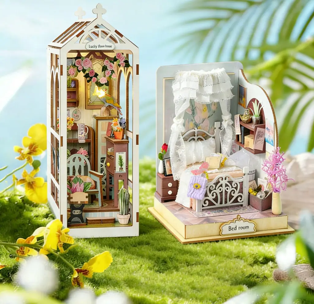 2-in-1 DIY 3D 북엔드 모델 키트 - 미니멀리스트 정원 & 우아한 침실 미니어처 하우스 수제 창의적 선물 생일용