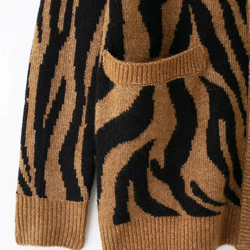 TRAF Autumn Leopard Cardigan For Women 2024 Winter Knitted Long Sleeve New In Sweater Coats Printed Female Knitwear Outerwears