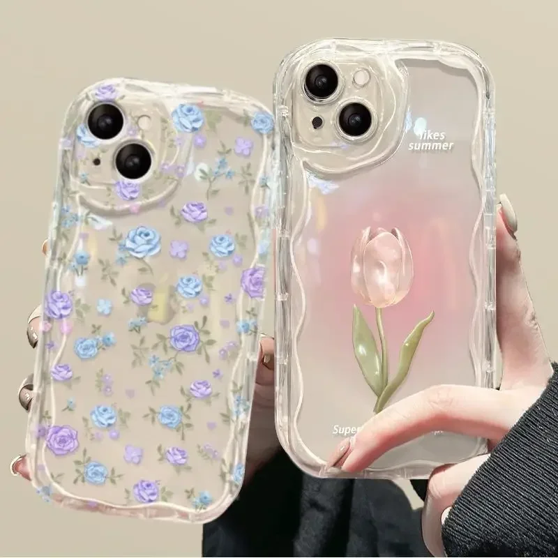 Phone Case for Samsung Galaxy S24 Ultra A54 5G A55 A34 A14 A52 A52S A13 A21S A22 A04 A04E A03 Plus Wavy Soft TPU Flower Cover