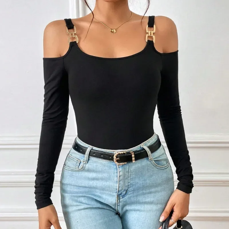 

2024 Women's Metal Hook Long Sleeved Vest Tops Threaded Knitted Slim Tee Solid Temperament Commuting Elegant Top for Women YSQ43