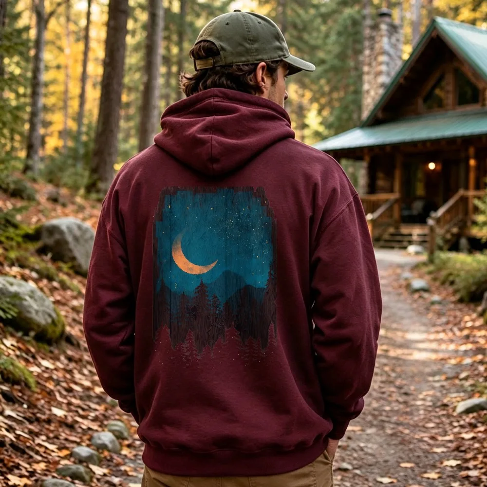 Night Sky Crescent Moon Mountain Pine Forest Graphic Hoodie Back Print Sweatshirt Wilderness Outdoor Camping Hiking Hooded Tops