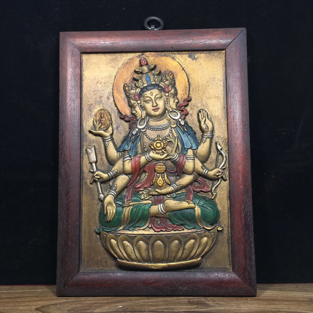 

12"Tibetan Temple Collection Old Rosewood Mounting Painted Namgyalma Station Buddha Thangka Wall hanging Worship Hall