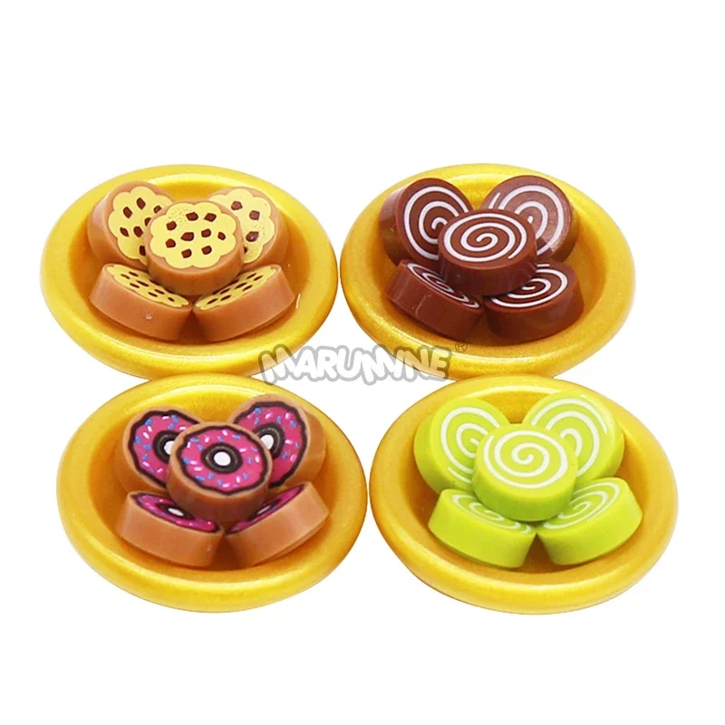 Marumine 60 STKS Mini Party Dessert Set DIY Keuken Accessoires Zwitserse Rollen Donuts Koekjes Servies Model 98138 MOC Bakstenen Onderdelen
