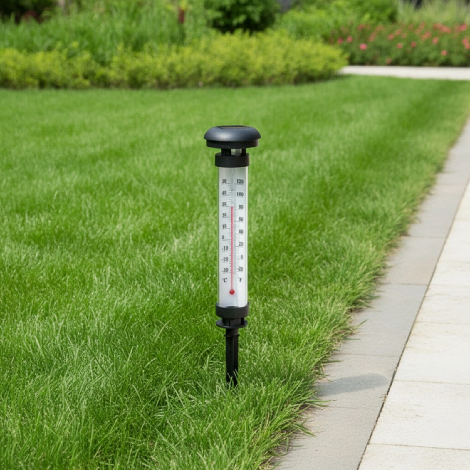 Solar Thermometer Light Ground-Mounted Outdoor Thermometer with Solar Lights Temp Stake Easy to Read Weather-Resistant