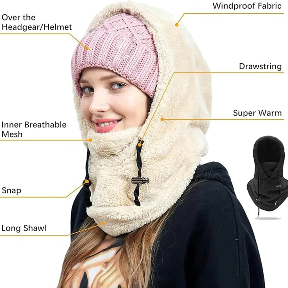 Thermal Sherpa Fleece Hood Ski Mask High Polar Fleece Balaclava Winter Windproof Outdoor Cycling Cap Plush Warm Hood Hats Scarf