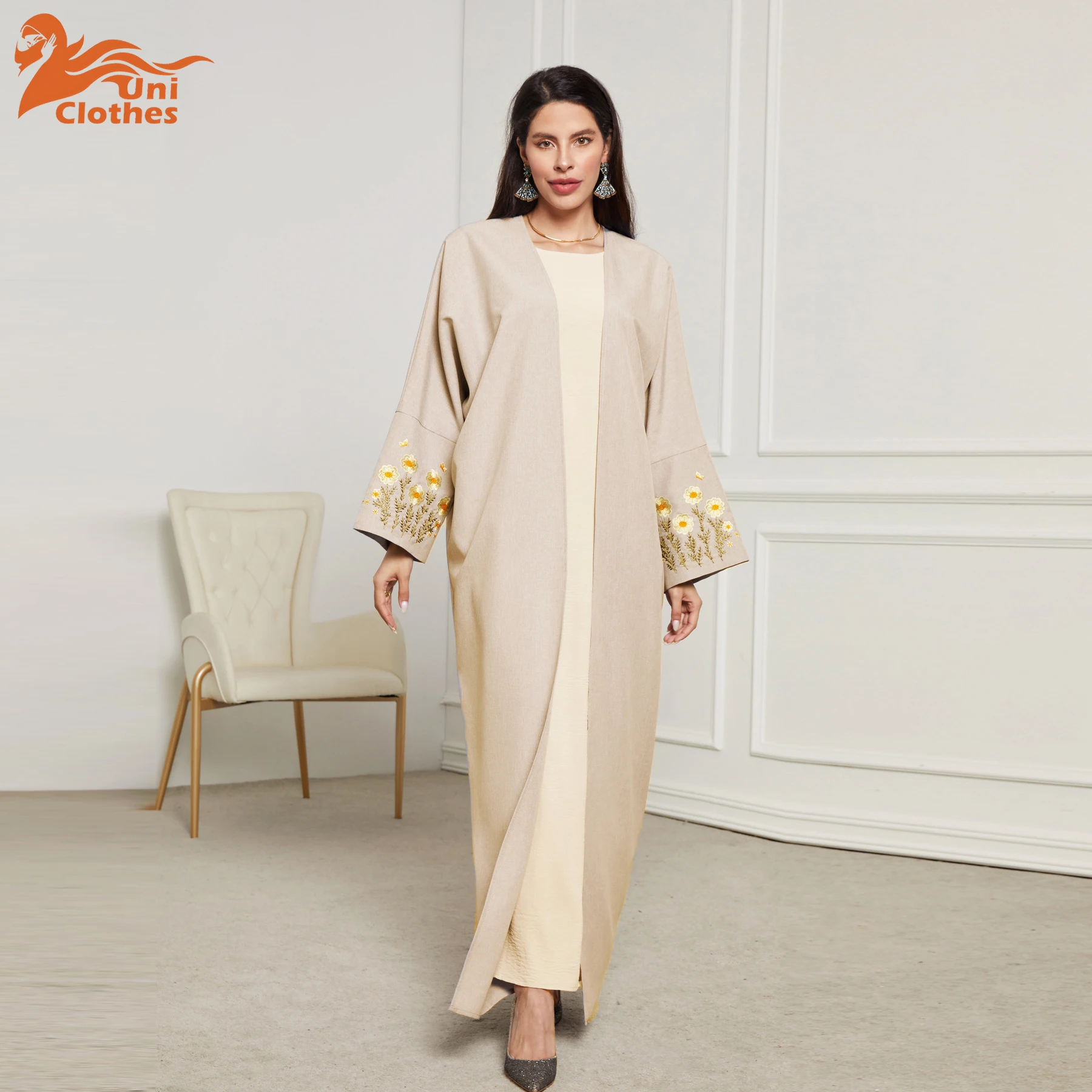 

UNI Floral Embroidery Muslim Dress for Women Eid Morocco Ramadan Lace-up Abayas Kaftan Islam Vestidos Largo Dubai Arab Long Robe