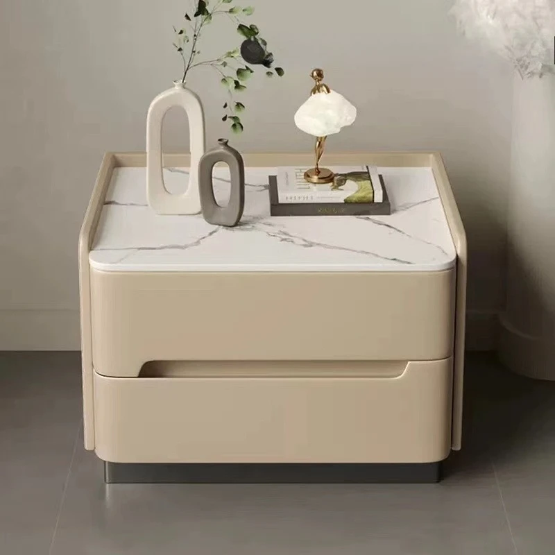 

Light Gray Wooden Nightstand Bedside Cabinet with Drawers Space-Saving Storage Drawers Modern Slate Tabletop Nightstand