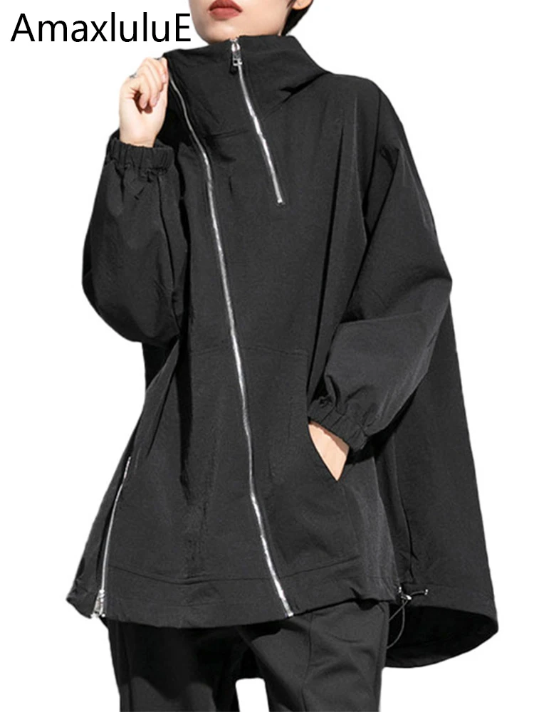 AmaxluluE 2025 Fall Fashion Black Clothes Womens Loose Vintage Hooded Zipper Trench Coats Ladies Luxury Casual Punk Windbreakers
