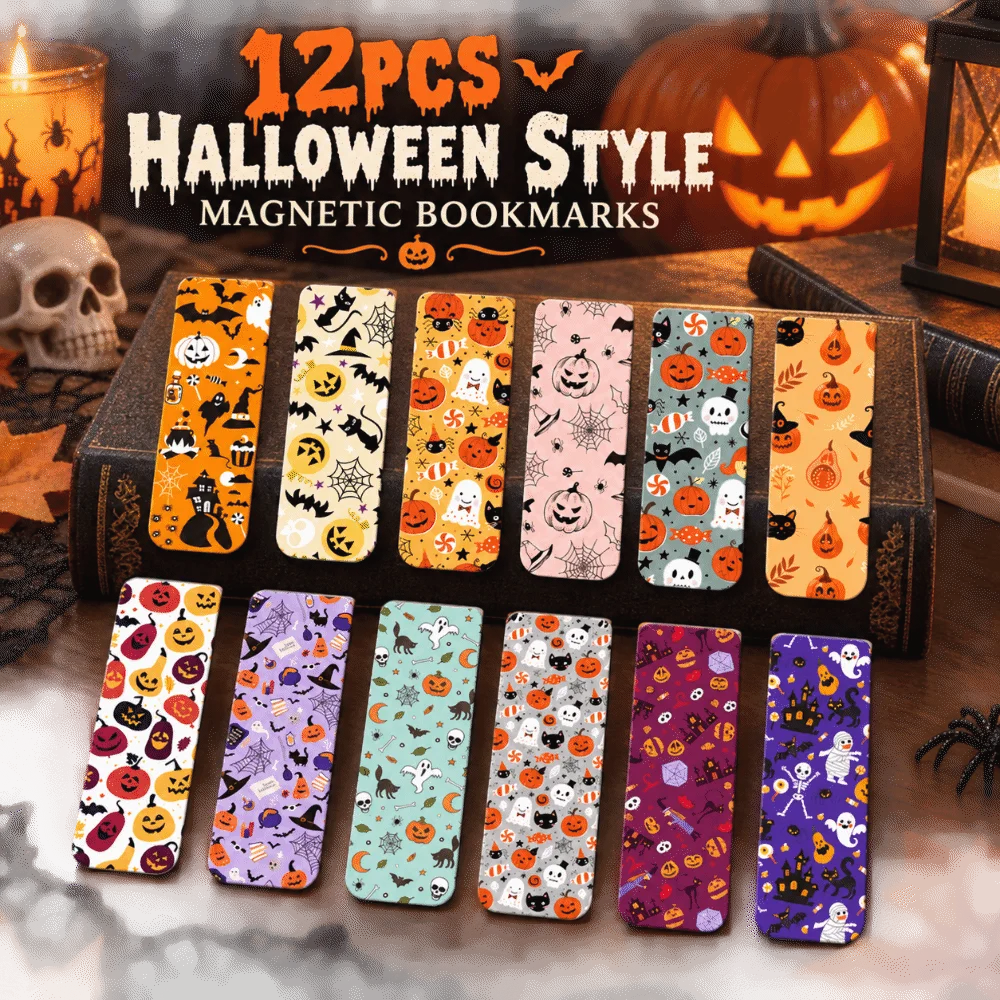 12pcs Halloween Style Magnetic Bookmarks Foldable Design Easy to Use Reading Mark Tools Magnet Closure Note Clip Holder