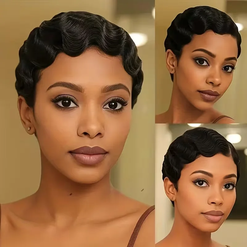 Peruka damska 4 cale, naturalny wygląd, vintage pixie cut, finger wave, z ludzkich włosów, w pełni wykonana maszynowo, krótka peruka, uniwersalna do codziennego noszenia.