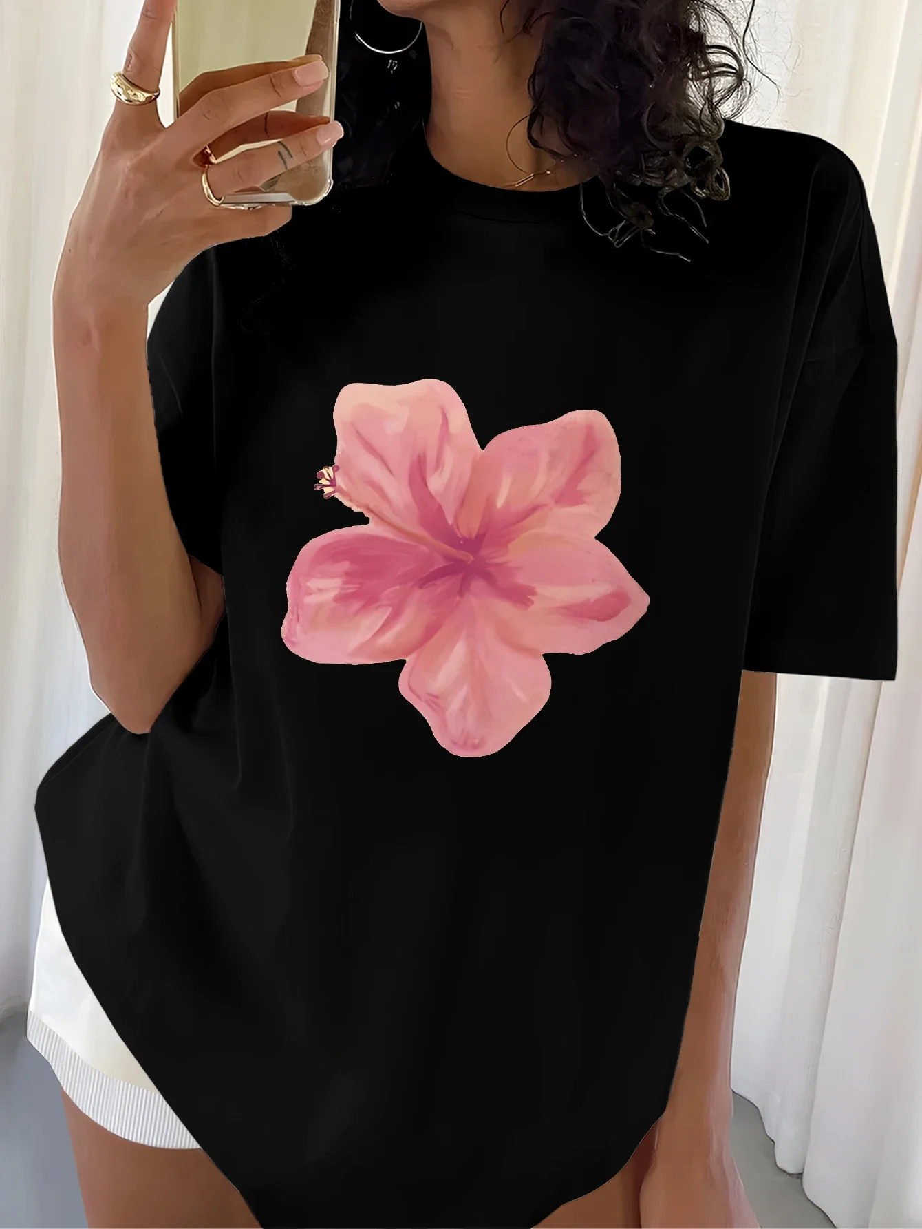 Women's White Graphic Tee with Pink Hibiscus Print for Tropical Themed Events and Summer Outings Women Clothing