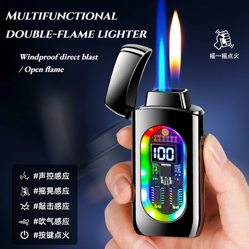 Creative Anti-wind Cool-looking Lighter Voice-controlled  Multiple Ignition Methods Dual Flames Switching Lighters with Box