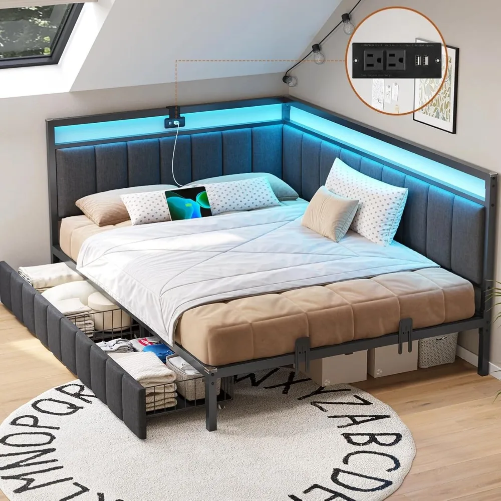 Corner Full Bed Frame with 2 Storage Drawers and Charging Station Full Size Platform Bed Frame with Led Lights and, Customized