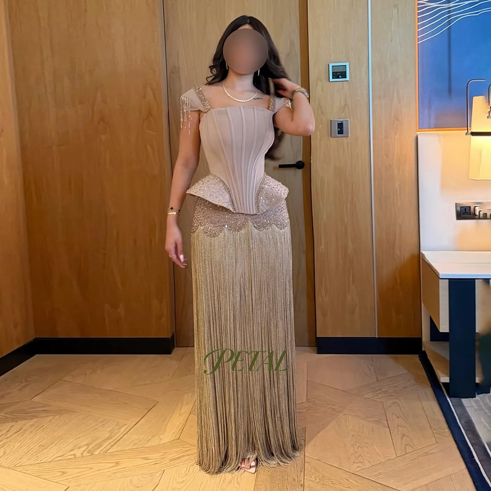 Petal Khaki Evening Dress with Tassels Sequined Prom Dress with Cape Sleeve Beading Elegant Party Dress فساتين السهرة Customize