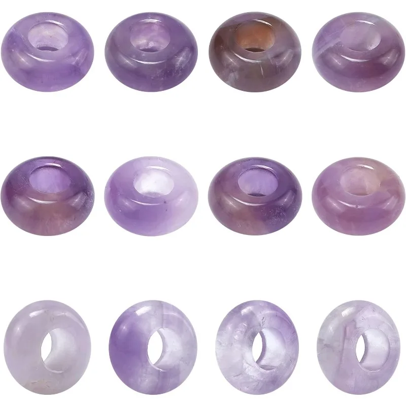 12Pcs Natural Amethyst Beads 5mm Hole Hair Beads for Braids 12mm European Large Hole Stone Bead Purple Rondelle Rock Bead