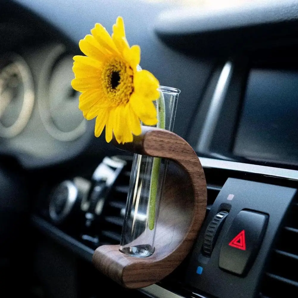 Car Vase Holder Ornaments C-shaped Car Flower Planter Test Tube Solid Wood Vent Clip Dashboard Decor Car Interior Accessories
