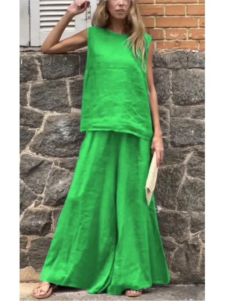 

New Arrival Women Leisure Solid Color Sleeveless Top Cotton Linen Wide Leg Pants Set Summer O Neck Loose Elegant Two Piece