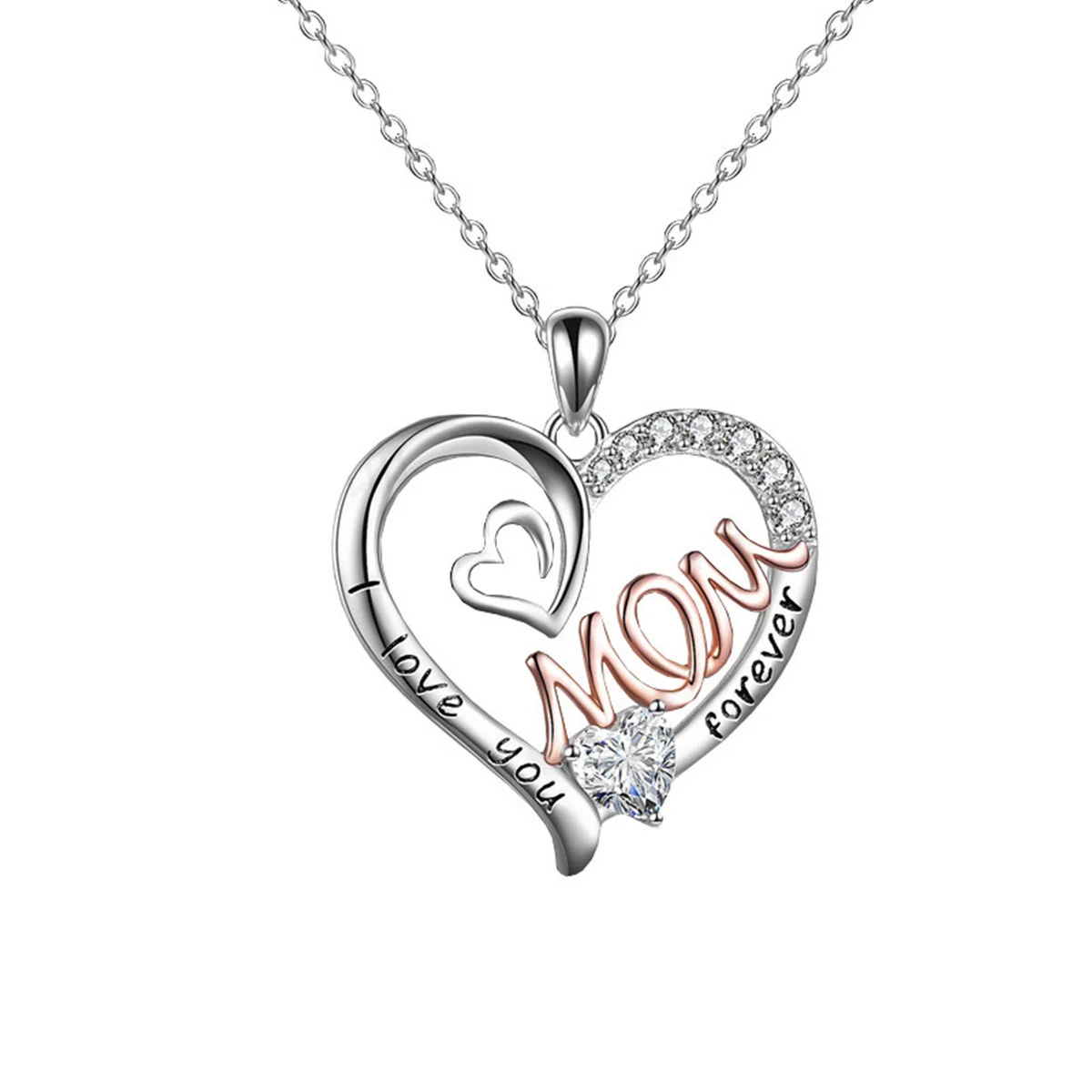 Elegant Love Heart Mom Pendant Necklace White K Plated Chic Treasured Mothers Day Gift