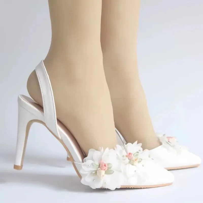 Pointed Casual Single Shoes Sweet White Flower Sexy Dress Wedding Shoes Women Sling Baotou High Heels Floral Sandals 2024