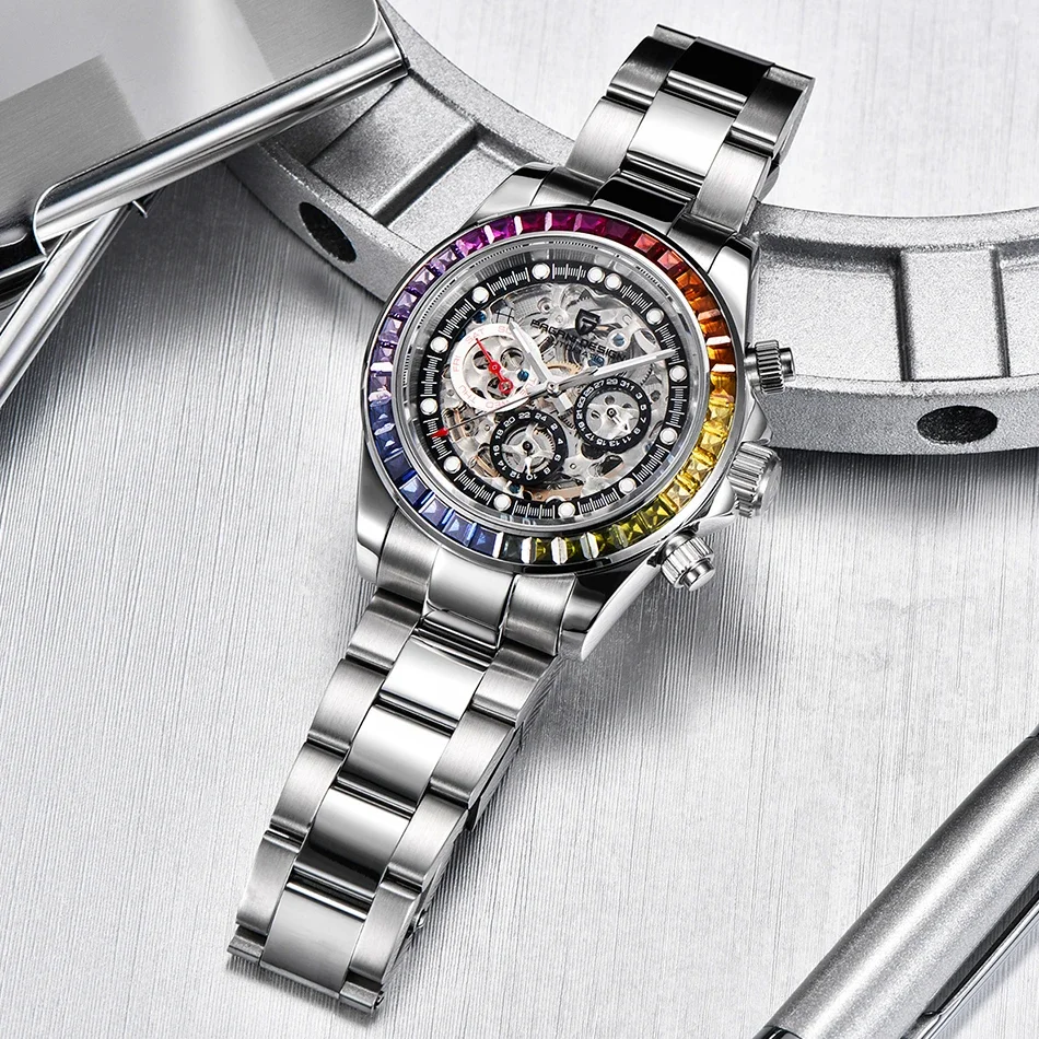 Novo pagani 1653 design moda arco-íris moldura masculino relógio de pulso mecânico luxo vidro safira oco para fora relógio automático para homem