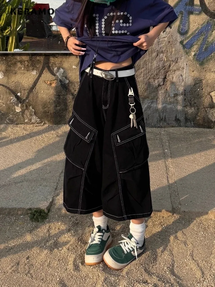 American Vintage High Street Jeans Y2K Harajuku Solid Pockets Denim Trouser 2025 Summer Women's Grunge Casual 2000s Pants