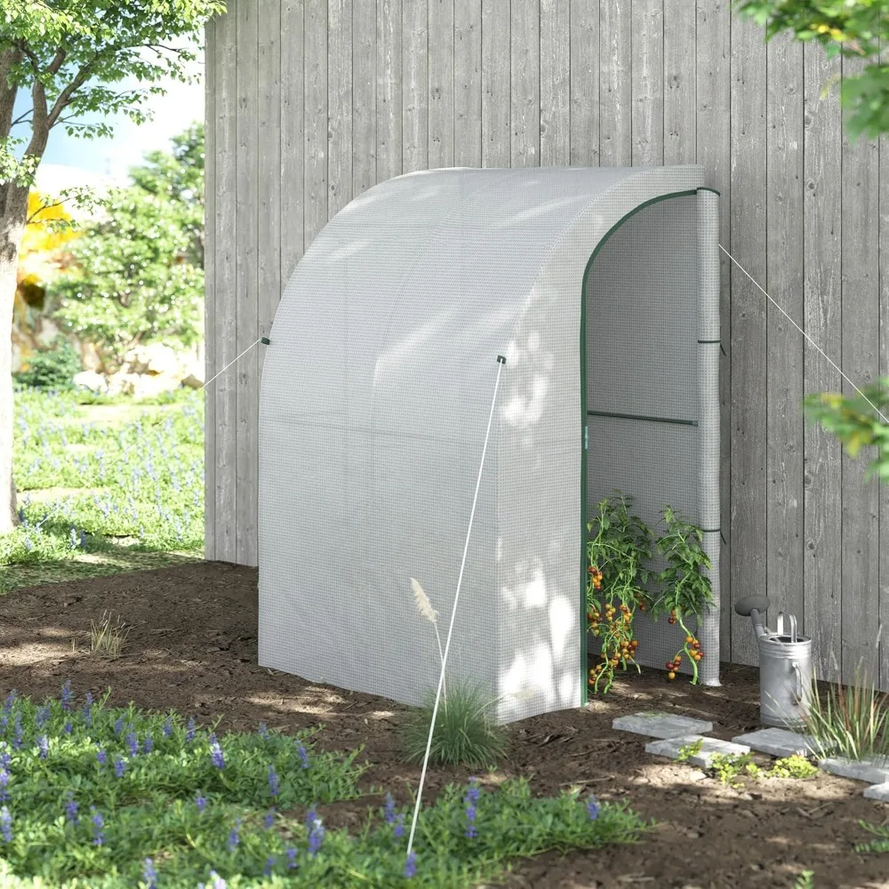 5' x 4' x 7' Outdoor Lean to Greenhouse, Walk-in Green House Plant Nursery with Roll-up Window, PE Cover, White