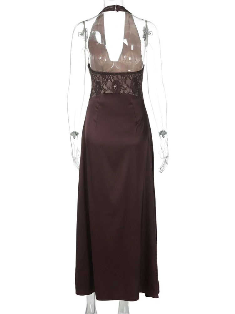 FDYOUI, vestidos de noche elegantes de satén con retazos de encaje para mujer, cuello Halter, espalda descubierta, túnicas de cintura alta, vestido largo de fiesta de cóctel 2026