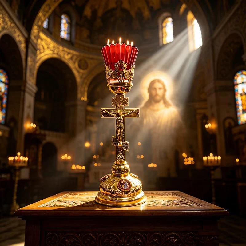 Beatific Byzantine Orthodox Crucifix Candlestick Pair with Red Glass Cup in Zinc Alloy and Gold Plated Church Altar Gift Ideas