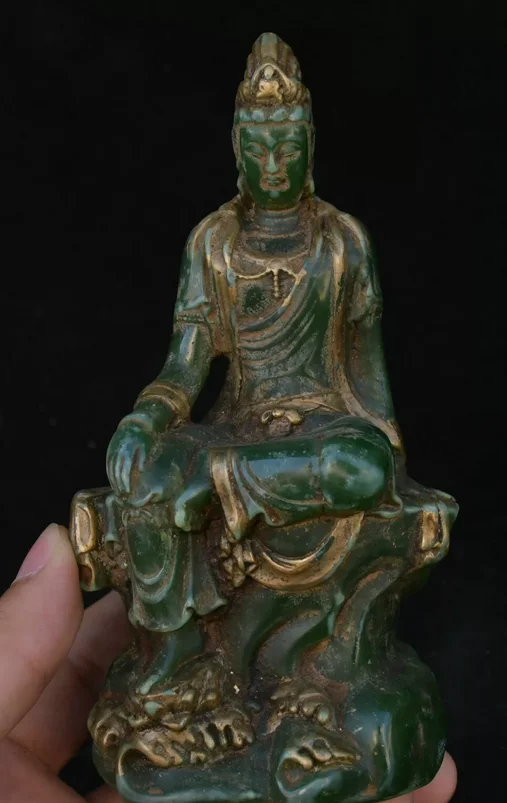 6'' Old China Green Jade Gilt Carving Kwan-yin GuanYin Quanyin Goddess Statue