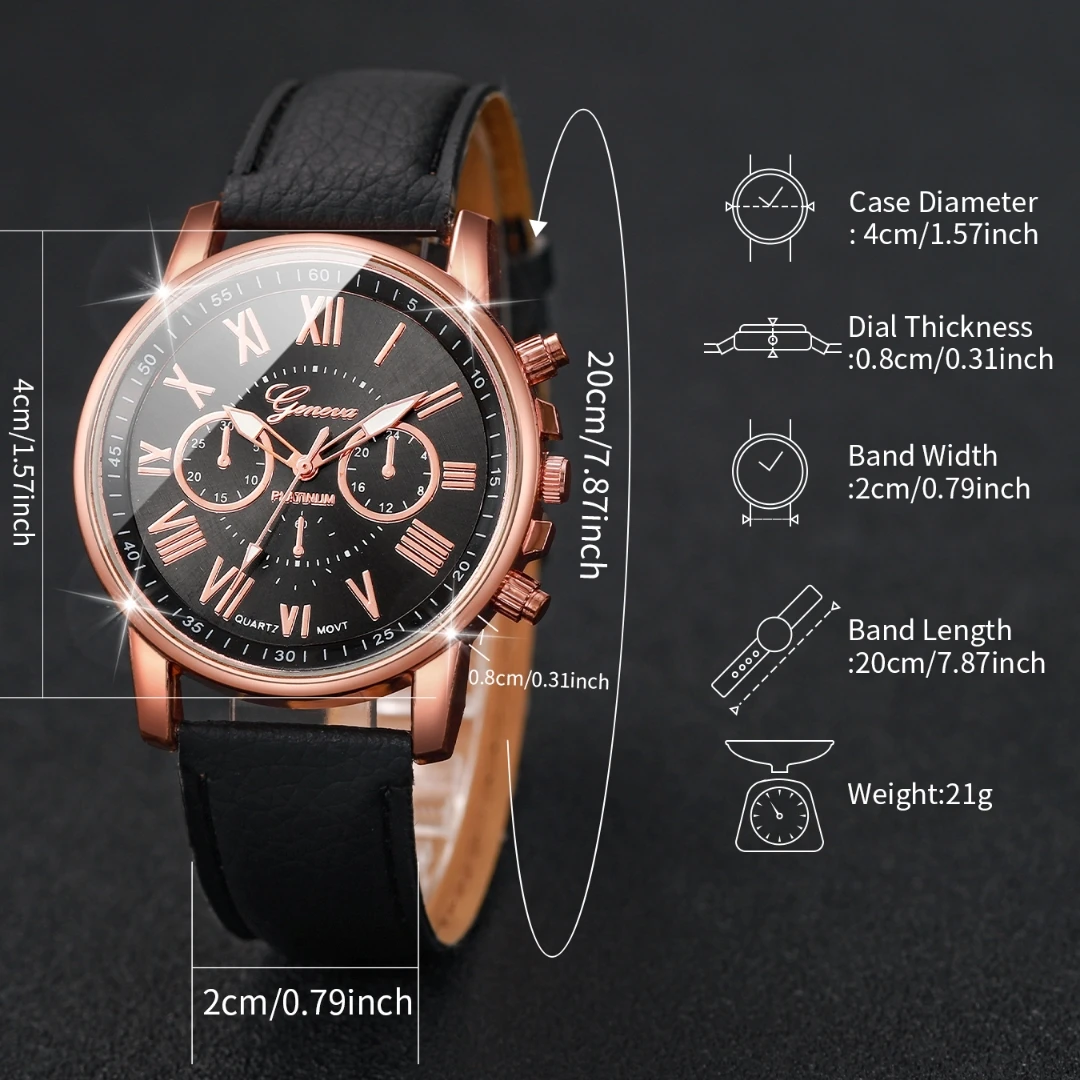 4PCS/Set Fashion Women\'s Watch Roman Dial Couple Simple Leather Strap Quartz Watch with Crown Bracelet Set