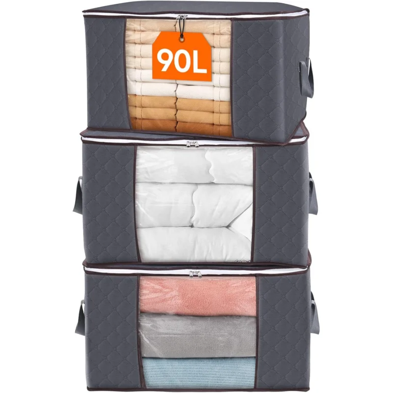 

3 Pack 90L Clothes Storage Bags with Lids Foldable for Clothes Blankets Bedding Large Capacity Closet Organizers Dorm College